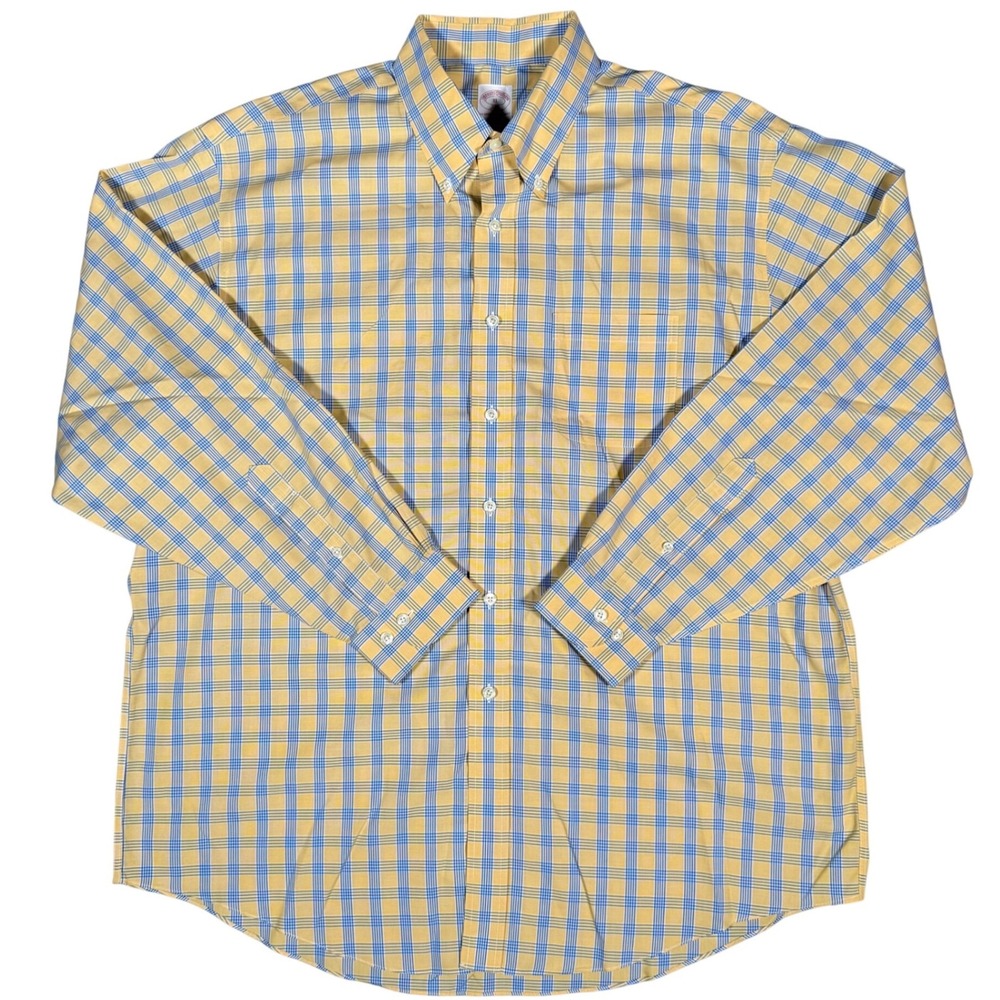 Brooks Brothers 346 Shirt Mens XL Yellow Blue Plaid Cotton Non-Iron Button Down